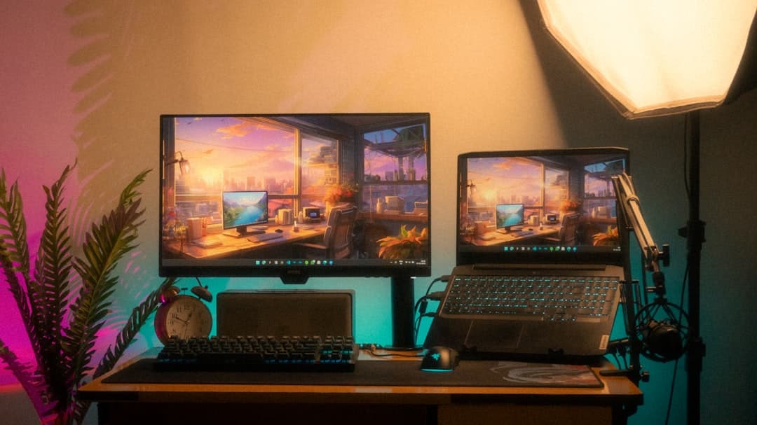 Faceless YouTube creator's dual monitor setup with keyboard and lighting for visual storytelling.